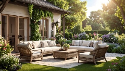 Obraz premium Relaxing outdoor seating arrangement surrounded by lush garden greenery