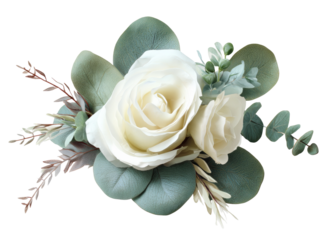 Delicate, cream-colored roses and eucalyptus sprigs, arranged in a decorative cluster