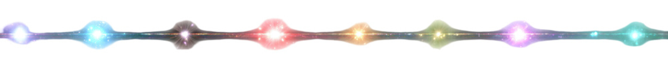 Colorful, pixelated energy beams radiating from a series of glowing orbs