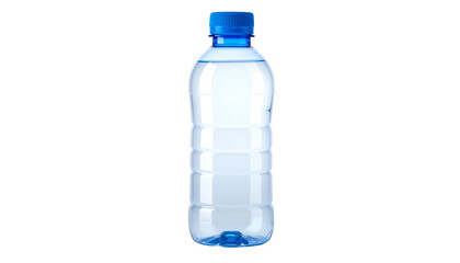 Clear plastic bottle filled with liquid, blue cap and base
