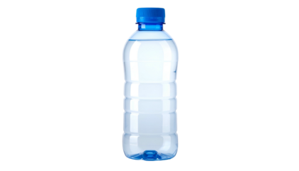 Clear plastic bottle filled with liquid, blue cap and base