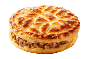 Australia meat pie with minced beef and gravy and crisp flaky crust, isolated on white transparent background. Concept of homemade comfort food
