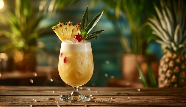 Pina colada cocktail garnished with cherry, pineapple slice and leaves on a rustic wooden table