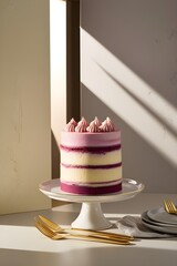 Stylized Ombre Pink Layered Cake on Gold Pedestal with Dramatic Lighting