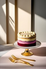 Gourmet Layered Dessert on a Golden Cake Stand, Contemporary Setting