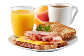 Breakfast platter with orange juice, coffee, toast, ham, and cheese