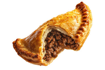 Australia meat pie with minced beef and gravy and crisp flaky crust, isolated on white transparent background. Concept of homemade comfort food