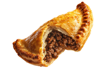 Australia meat pie with minced beef and gravy and crisp flaky crust, isolated on white transparent background. Concept of homemade comfort food