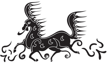 경주 천마총에서 출토된 말 안장 덮개인 천마도로 하얀 말이 날아오르는 모습