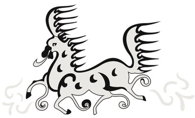 경주 천마총에서 출토된 말 안장 덮개인 천마도로 하얀 말이 날아오르는 모습