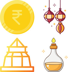 Vector art of collection of indian cultural symbols including a rupee coin, diyas, and lanterns