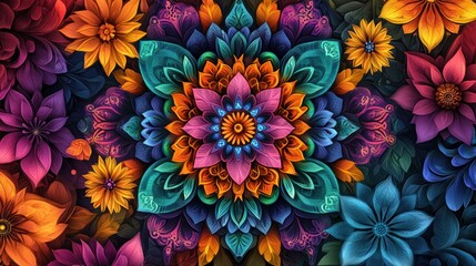 Colorful floral mandala design, vibrant flower patterns, intricate art, background design, digital art, abstract artwork, symmetrical design, perfect for prints