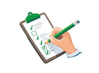 Hand holding pencil, marking checklist on clipboard