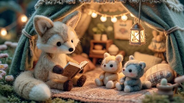 Stuffed fox reads to two bear toys inside tent illuminated by fairy lights for children