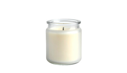 Candle in clear glass jar with white wax on black background