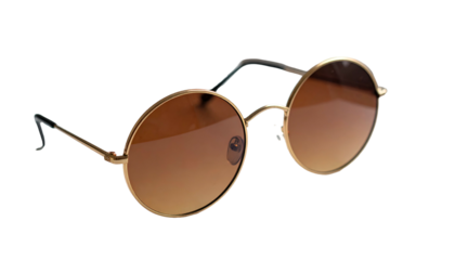 Round gold-rimmed sunglasses with brown gradient lenses on black
