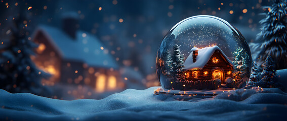 A snow globe with an interior scene of a cozy house, trees, and lights, set against a dark blue background.
