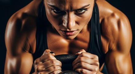 Fitness workout strength training bodybuilding exercise gym athlete muscle woman kettlebell determination focus