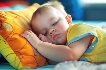 Baby sleeps peacefully on a colorful pillow in a cozy bedroom during the afternoon light