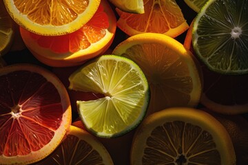 Colorful citrus slices arranged beautifully on a dark surface during daylight