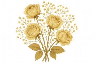 Yellow roses bouquet with leaves and small decorative elements, vintage watercolor floral illustration on transparent background