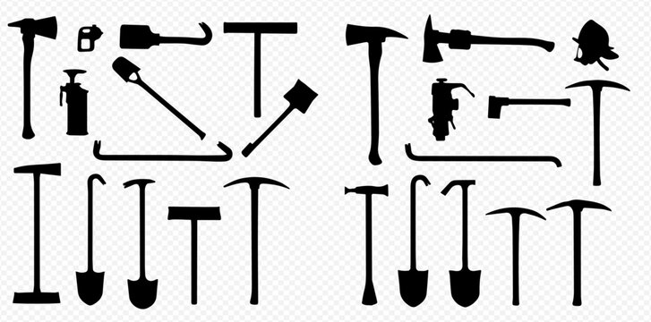 A collection of black silhouettes representing various firefighter tools and equipment.