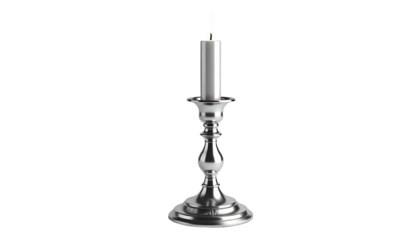 Lit white candle sits atop a polished silver candlestick