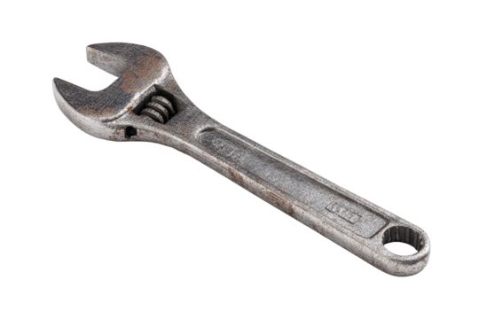 A rusty adjustable wrench, angled, isolated on a black background.  The metal has a slightly worn, aged appearance