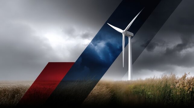 Wind turbine, abstract flag, dark blue, white and red stripes, stormy sky. A field is visible behind it. The background color is dark gray, an advertising banner for an energy company.
- Powered by Adobe
