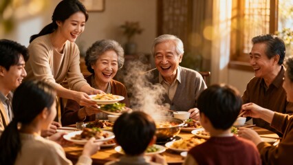 Family gathering enjoying a meal together around the dining table