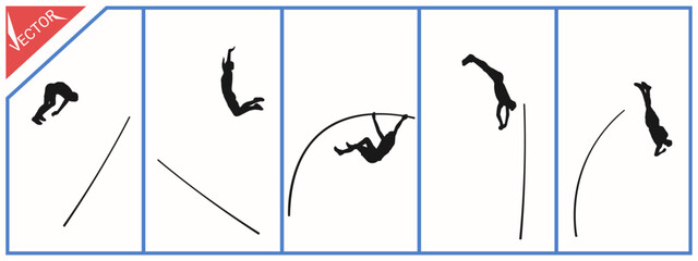 Various silhouette poses of pole vault athletes. Athletic sports theme. Vector illustration.