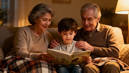Grandparents reading a picture book with grandson on cozy sofa  