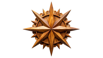 Carved wooden compass rose with eight points against black