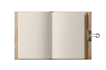 Open, blank notebook, top-down view.  Leather-like cover, light beige color,  shows slightly worn texture.  Pages are white, smooth, and pristine.  Small metal clasp secures the book