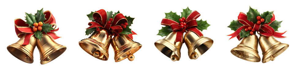 Set of Classic Christmas bell duo with holly arrangement, isolated on transparent background.