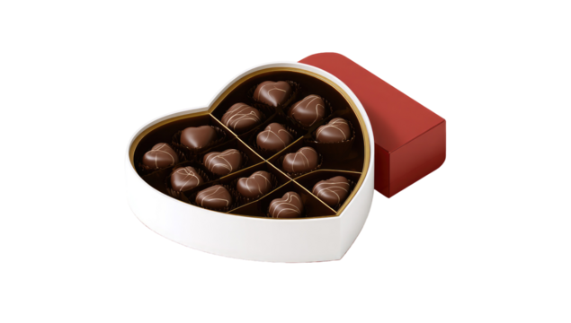 Heart-shaped chocolate box, filled with small chocolates.  Red box, white heart container.  3D render