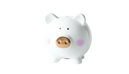 White ceramic piggy bank with pink cheeks and golden snout