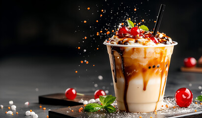 Chocolate milkshake with whipped cream, cherries, and sprinkles, with toppings splashing in action against a dark background.