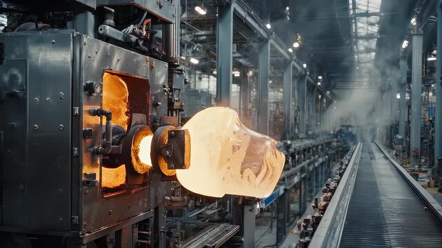 Factory interior with a glowing, amorphous object emerging from machinery, steam rising
