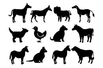 set of Domestic Animal Silhouette Icons Bundle 