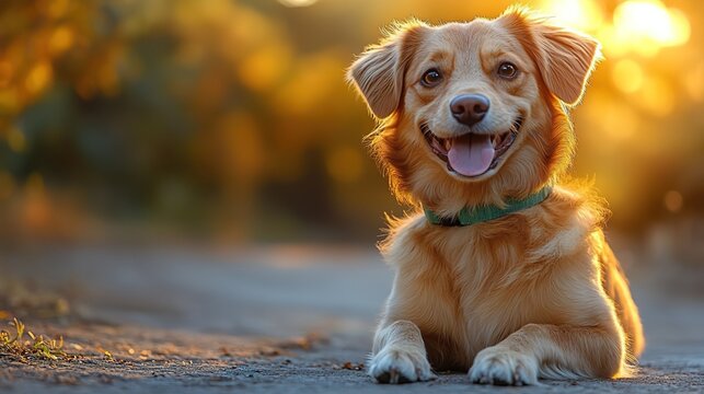 Cute Mixed-Breed Dog with Tongue Out Sitting on Path During Golden Hour, Green Collar and Bokeh