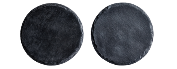 Two circular, dark gray stone discs
