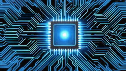 A close-up view of a microprocessor with intricate blue circuit patterns - Powered by Adobe