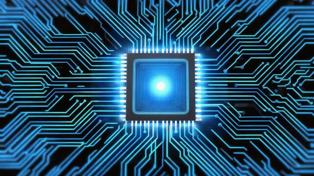 A close-up view of a microprocessor with intricate blue circuit patterns