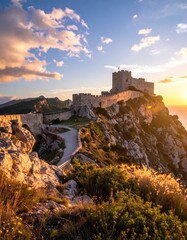Obraz premium Stone castle perched on a mountain, bathed in golden sunset light