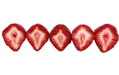 Close-up of five sliced strawberries,  red flesh,  white interior,  arranged horizontally against a black background