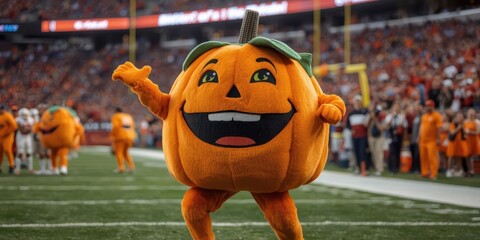 Cheerful pumpkin mascot performing at football game stadium sports event festive atmosphere close-up fun concept