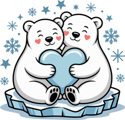 Adorably Cute Polar Bears Hugging a Light Blue Heart on an Ice Floe Surrounded by Falling Snowflakes and Stars for Bundle Design