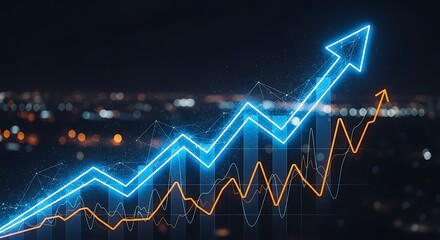 Bright blue neon arrow graph showing upward trend and financial growth against a blurred city background at night