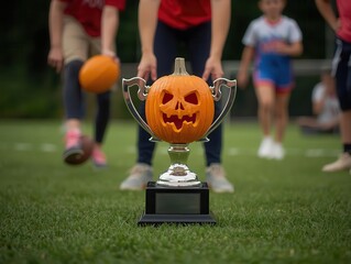 Halloween pumpkin trophy competition sports field kids event outdoor close-up fun activities